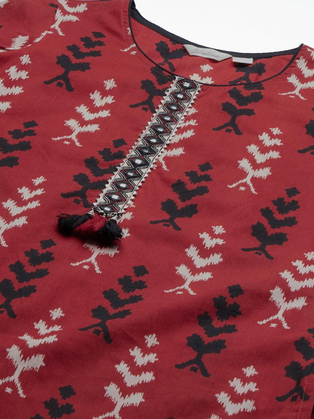  Maroon Cotton Straight Kurta Hem Cuffed Pant set -  world