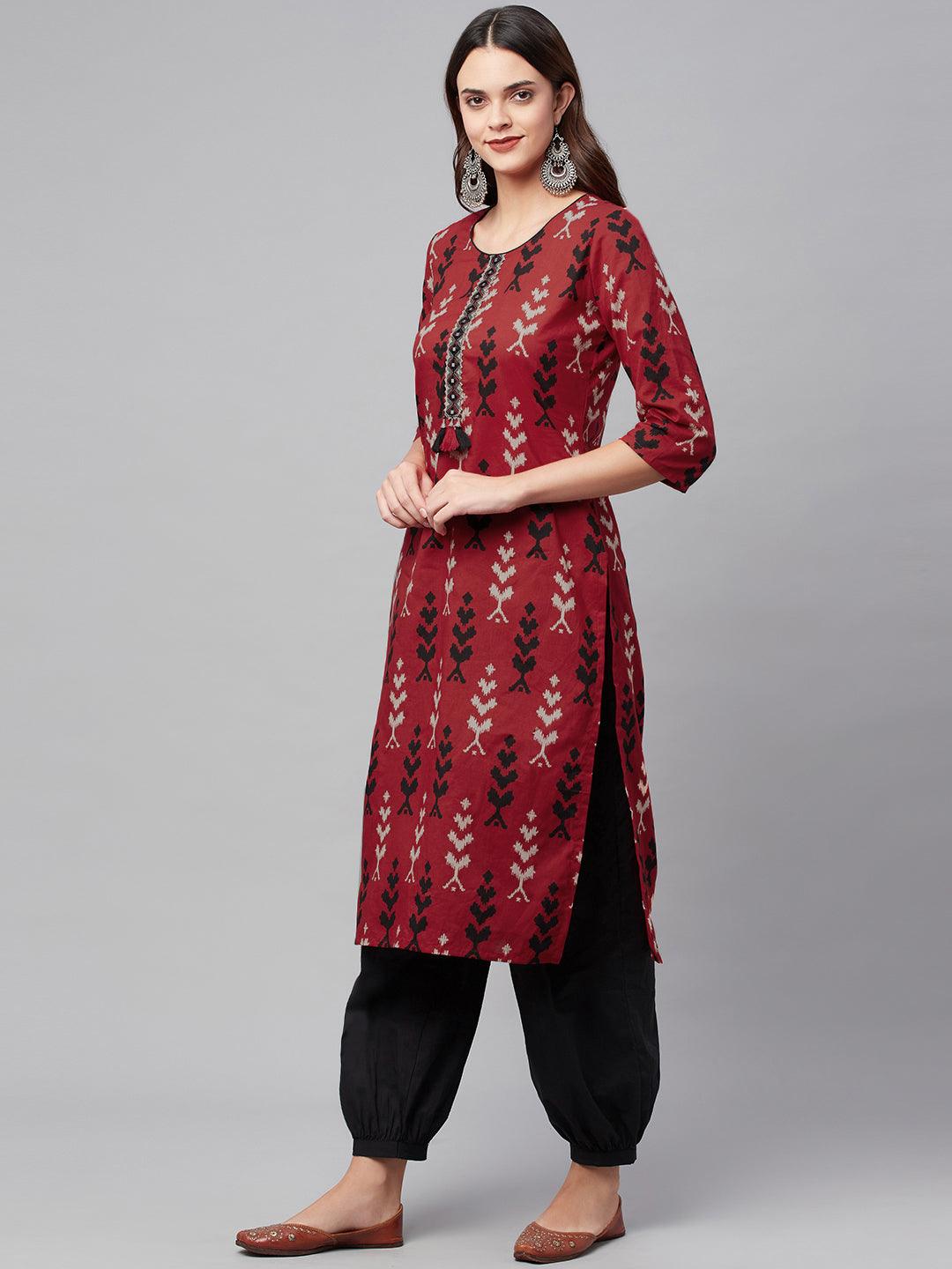  Maroon Cotton Straight Kurta Hem Cuffed Pant set -  world