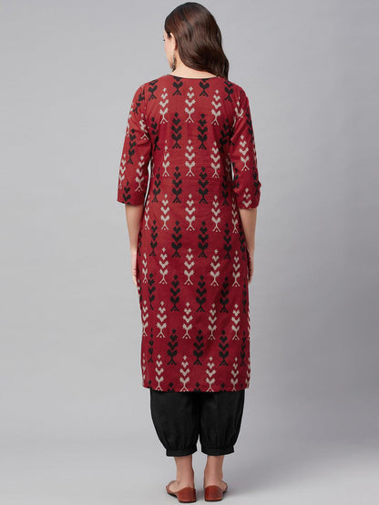  Maroon Cotton Straight Kurta Hem Cuffed Pant set -  world