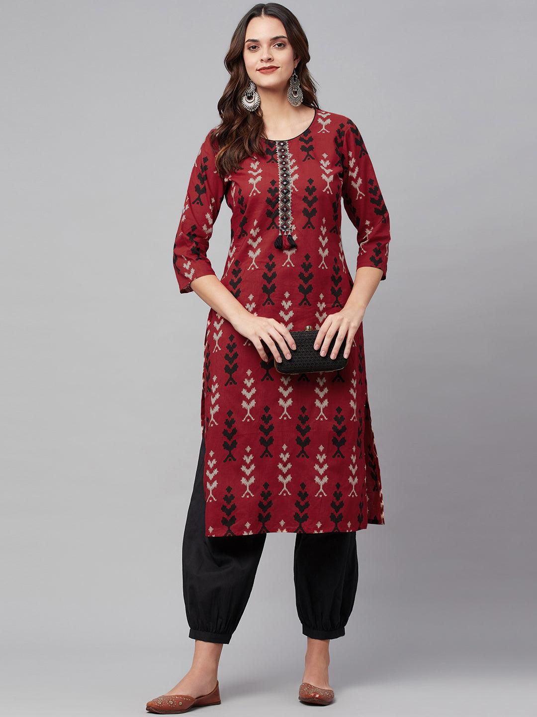  Maroon Cotton Straight Kurta Hem Cuffed Pant set -  world