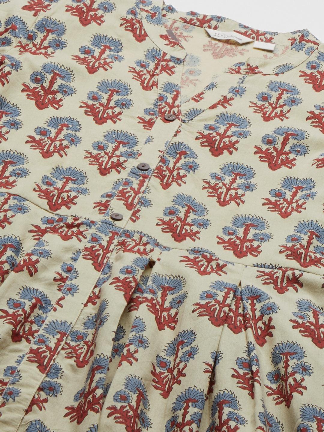  Beige Cotton A-Line Kurta Hem Cuffed Pant set -  world