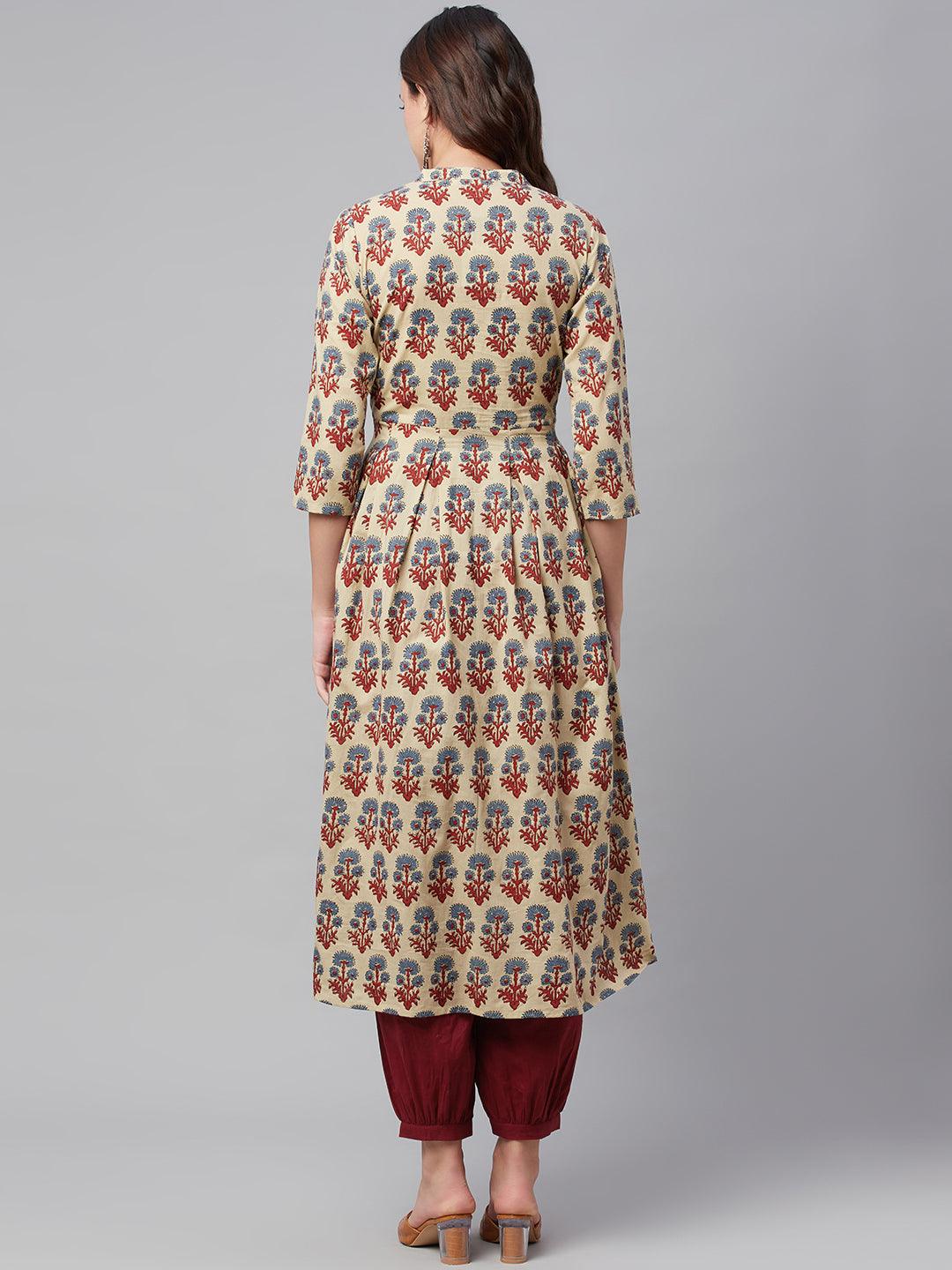  Beige Cotton A-Line Kurta Hem Cuffed Pant set -  world