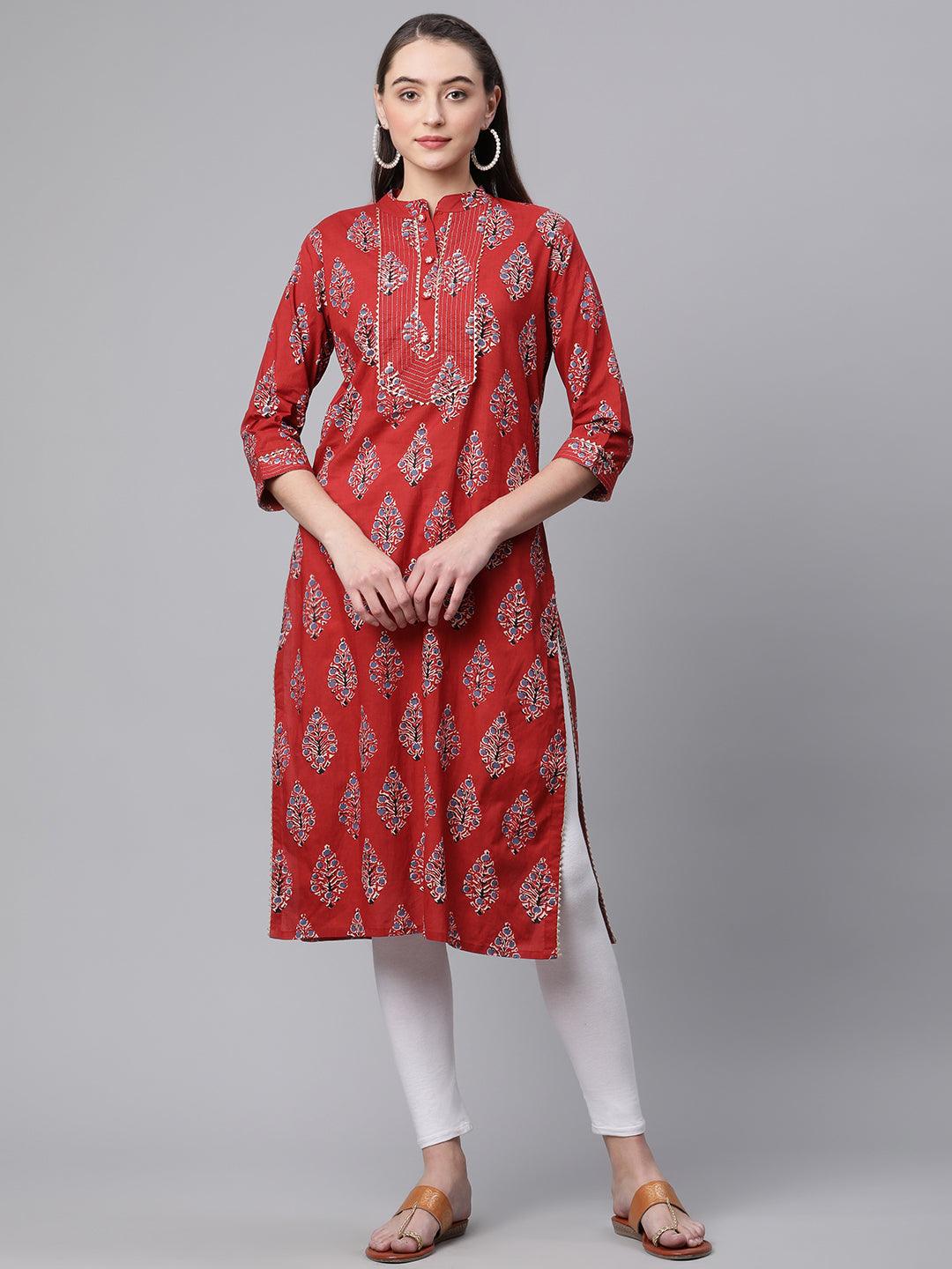  Red Cotton Straight Kurta -  world