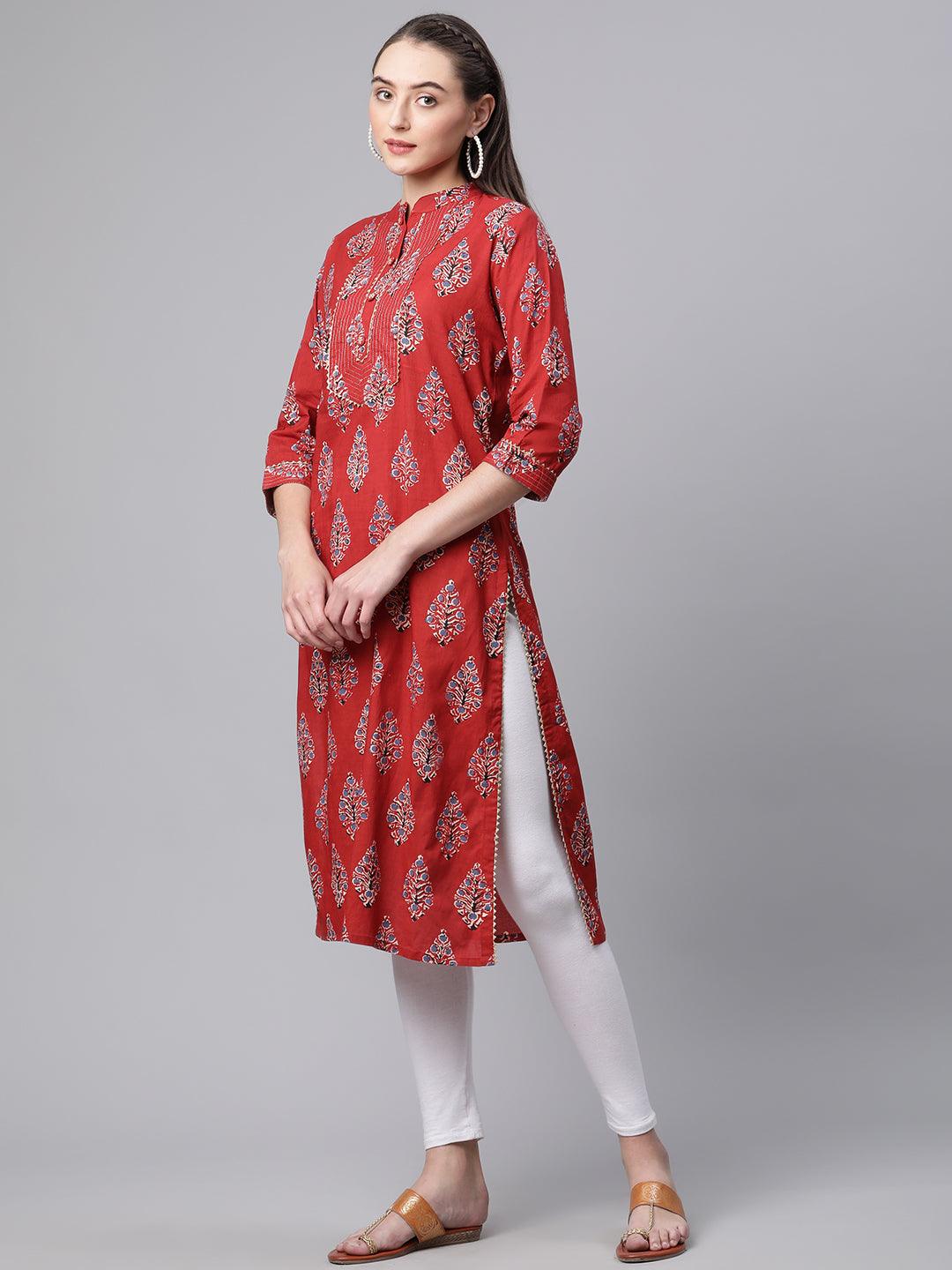  Red Cotton Straight Kurta -  world