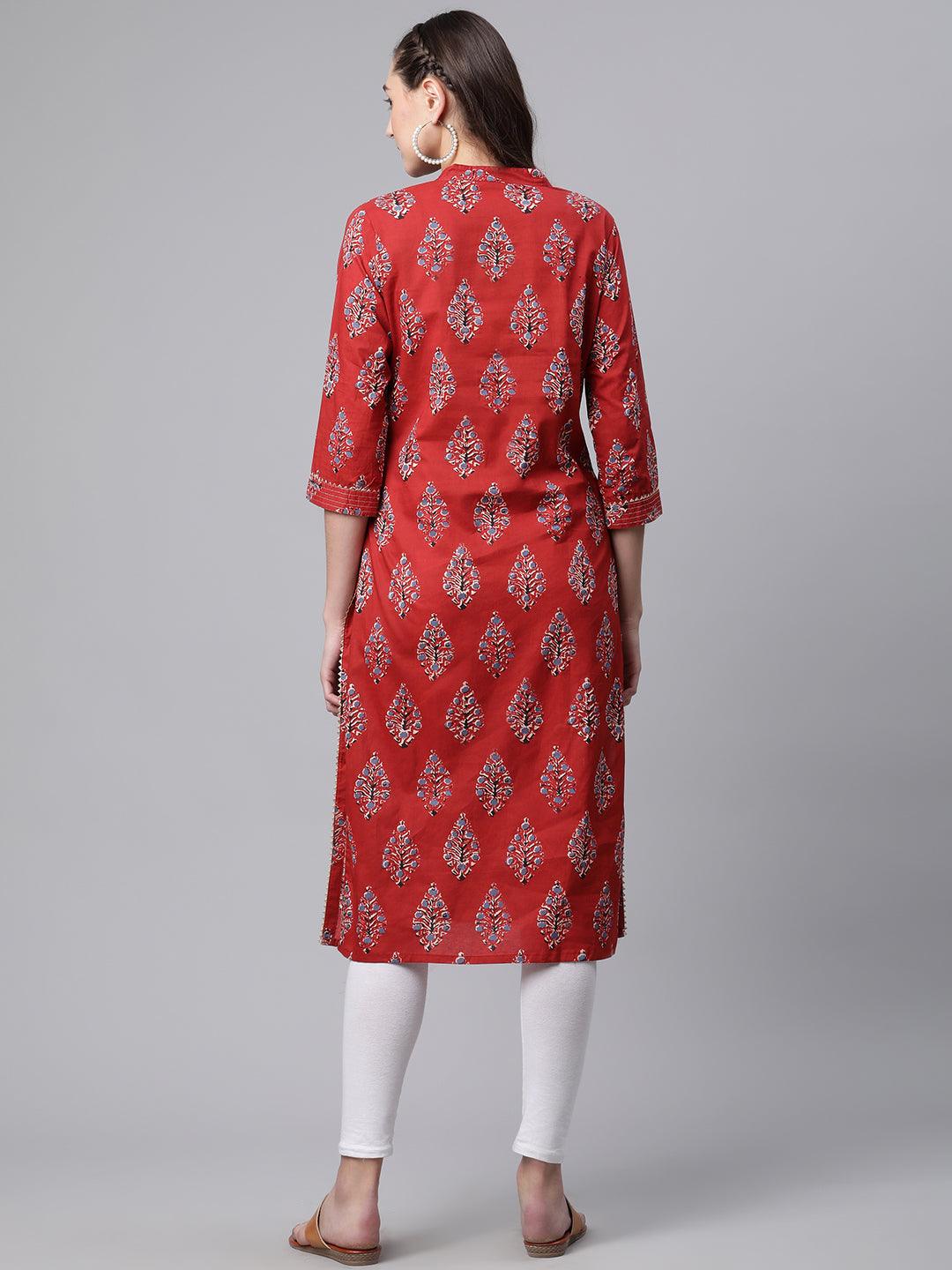  Red Cotton Straight Kurta -  world