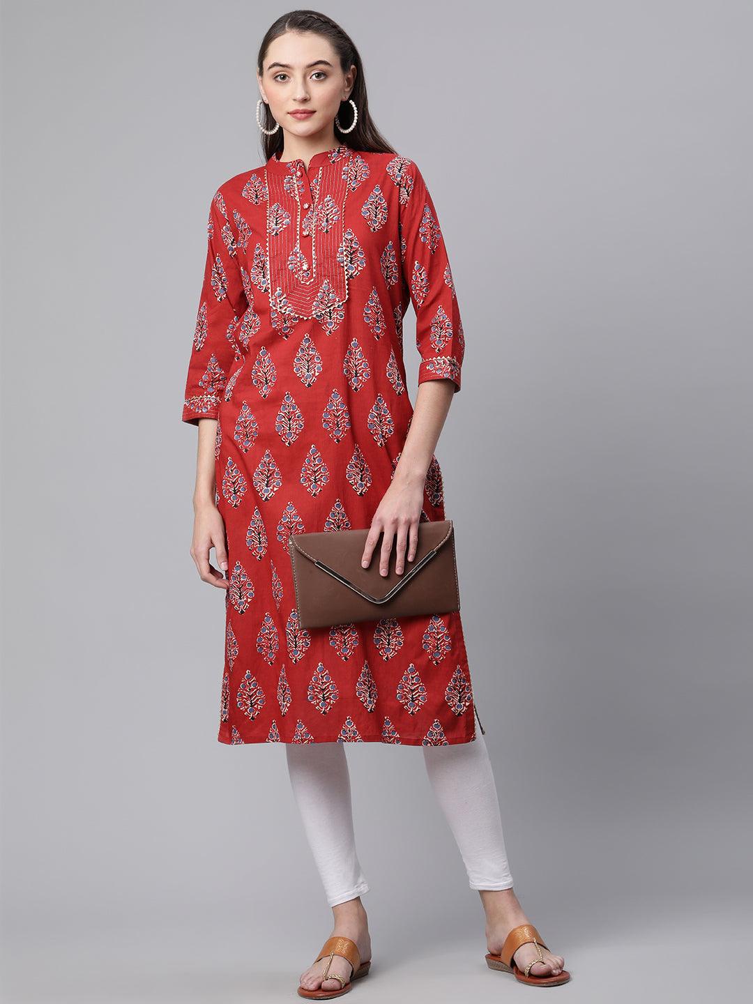  Red Cotton Straight Kurta -  world