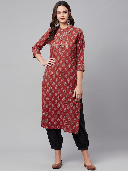  Red Ethnic Cotton Straight Kurta -  world