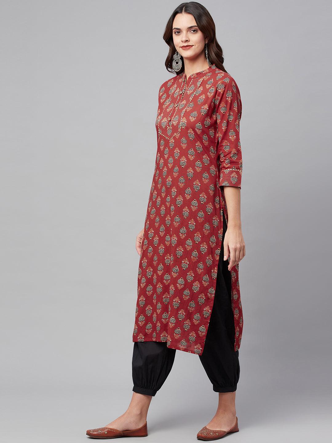  Red Ethnic Cotton Straight Kurta -  world