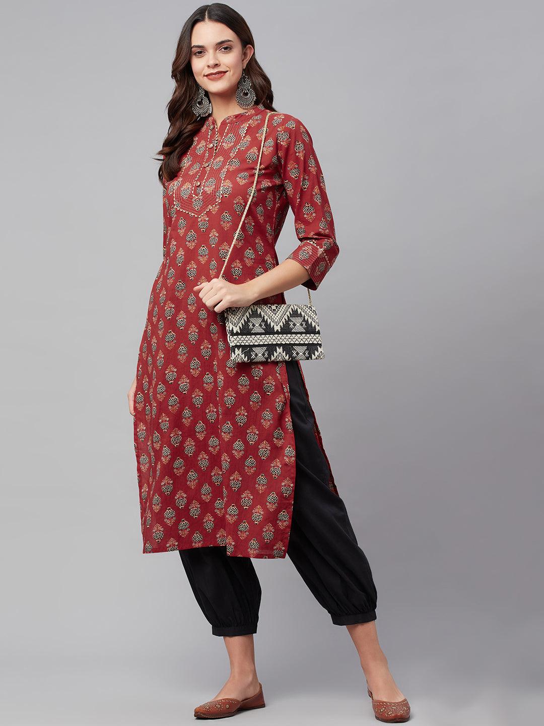  Red Ethnic Cotton Straight Kurta -  world