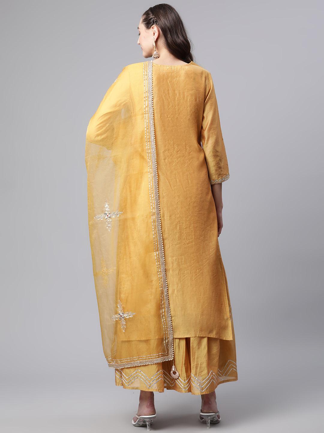  Yellow Gold Solid Chenderi Kurta Sharara Set with Dupatta -  world
