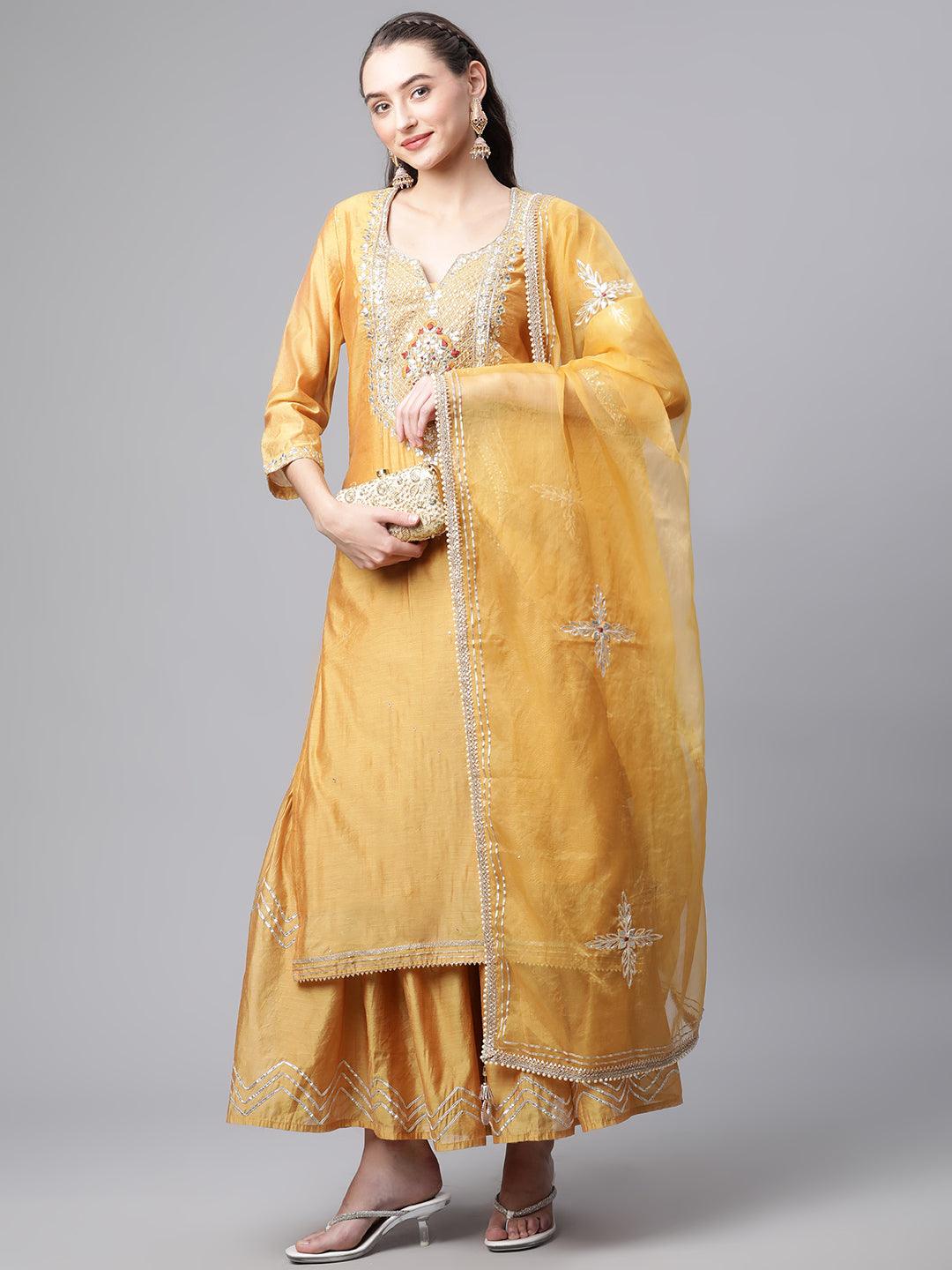  Yellow Gold Solid Chenderi Kurta Sharara Set with Dupatta -  world