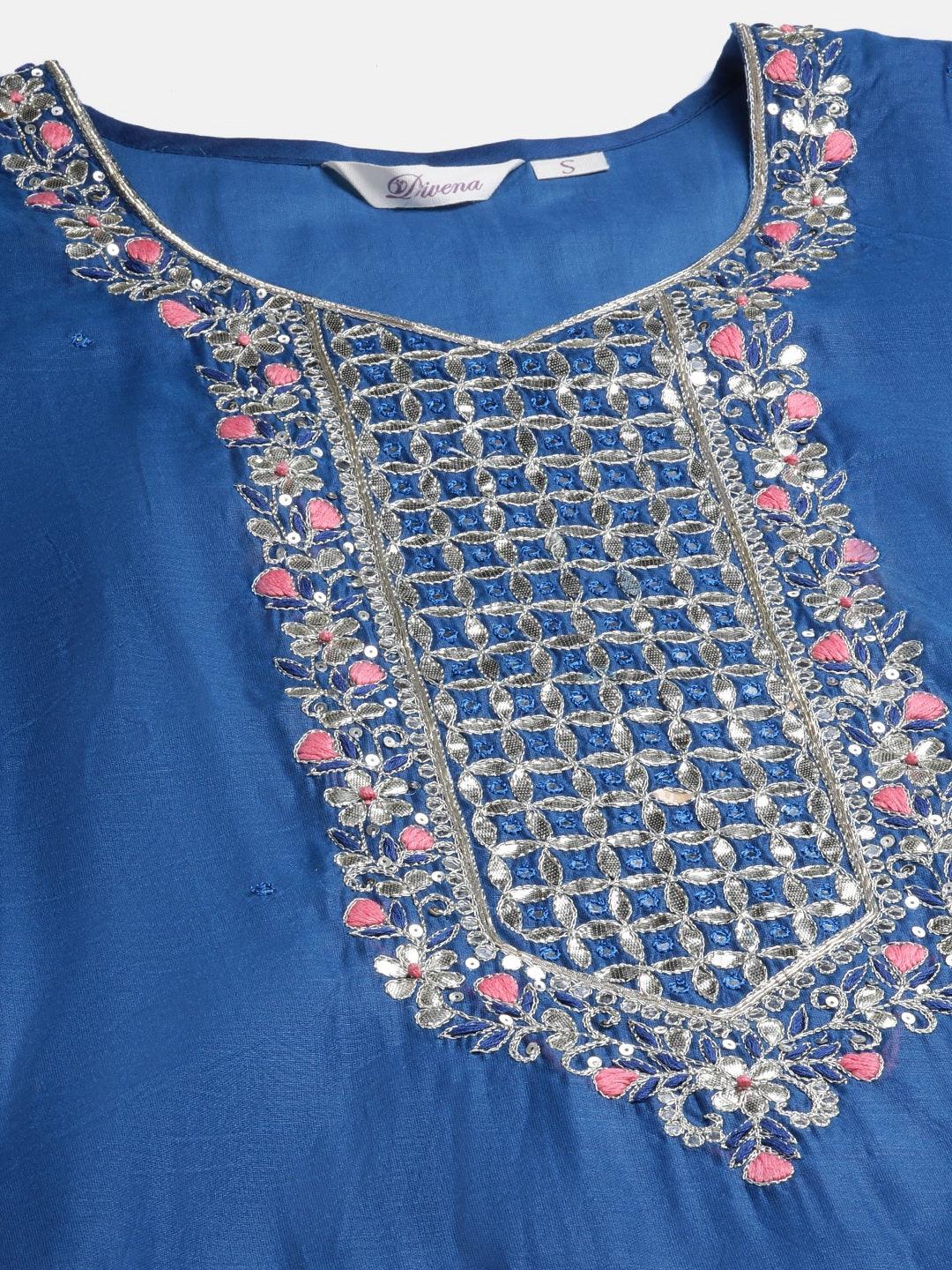  Blue Solid Chenderi Kurta Skirt Set with Dupatta - world.com