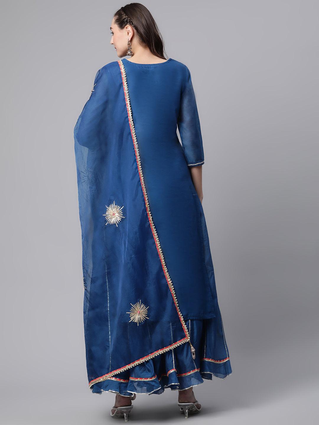  Blue Solid Chenderi Kurta Skirt Set with Dupatta - world.com