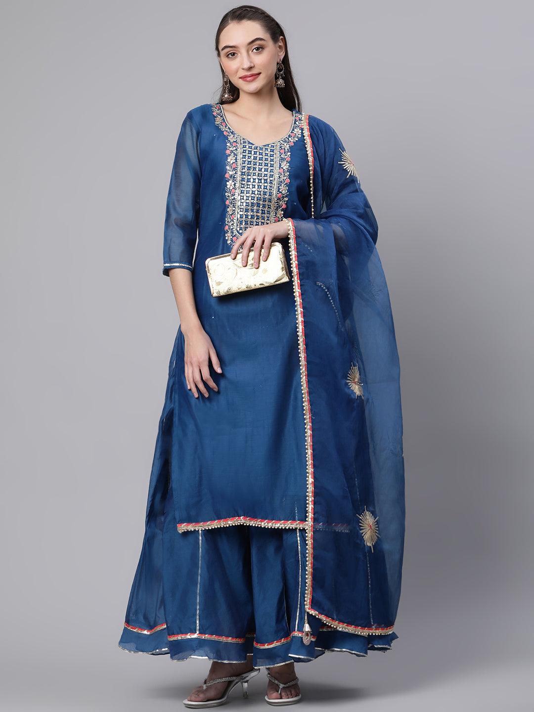  Blue Solid Chenderi Kurta Skirt Set with Dupatta - world.com