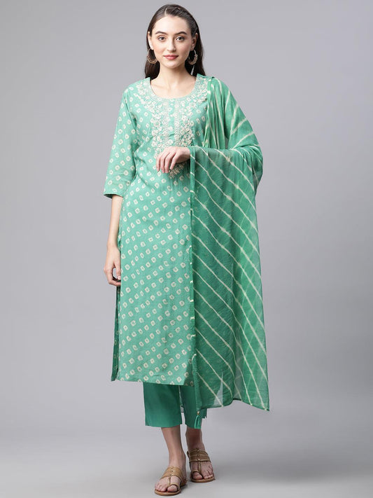  Green Chanderi Kurta Cotton pant set With Chiffon leheriya Dupatta - world.com