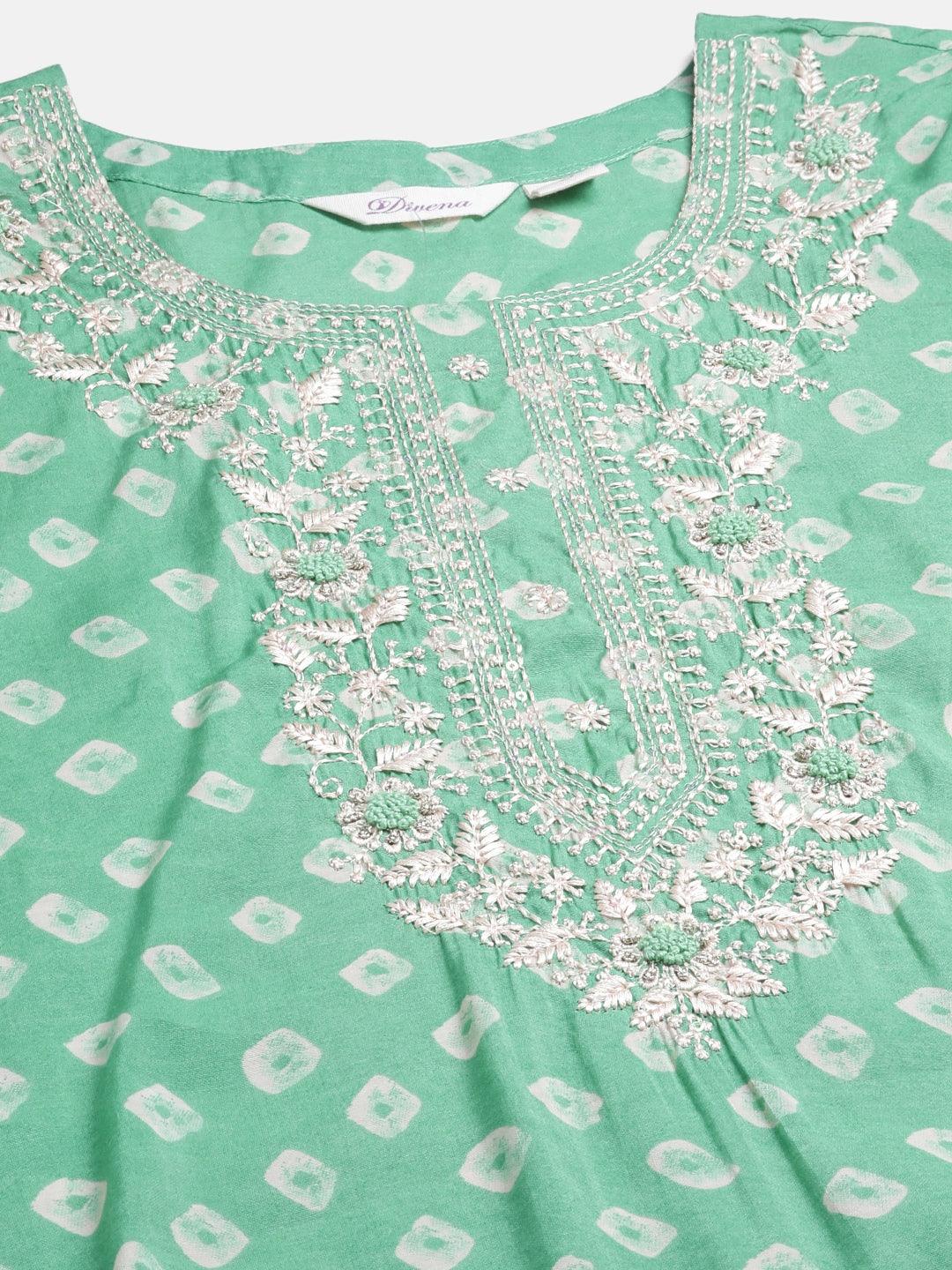 Green Chanderi Kurta Cotton pant set With Chiffon leheriya Dupatta - world.com