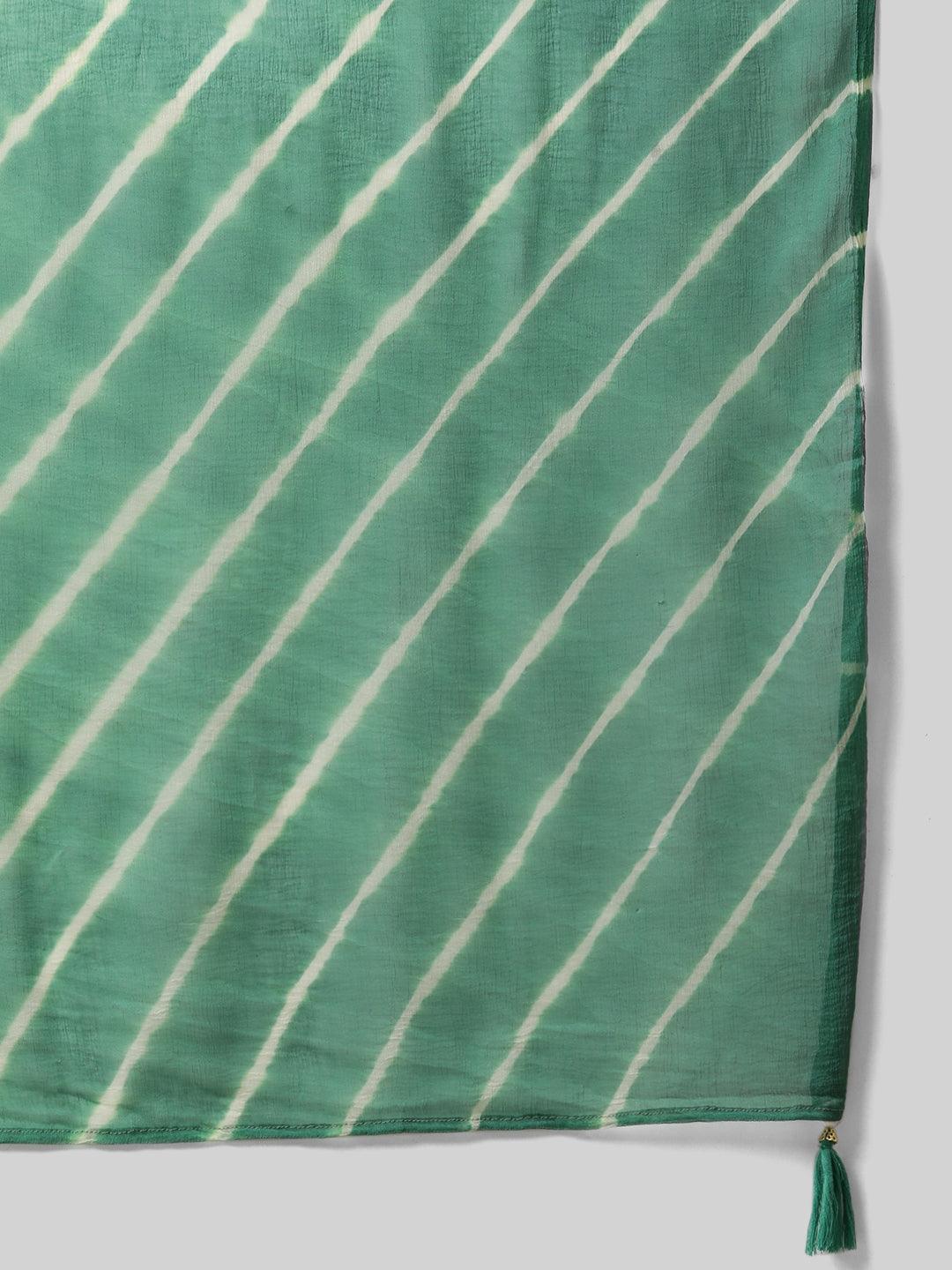  Green Chanderi Kurta Cotton pant set With Chiffon leheriya Dupatta - world.com