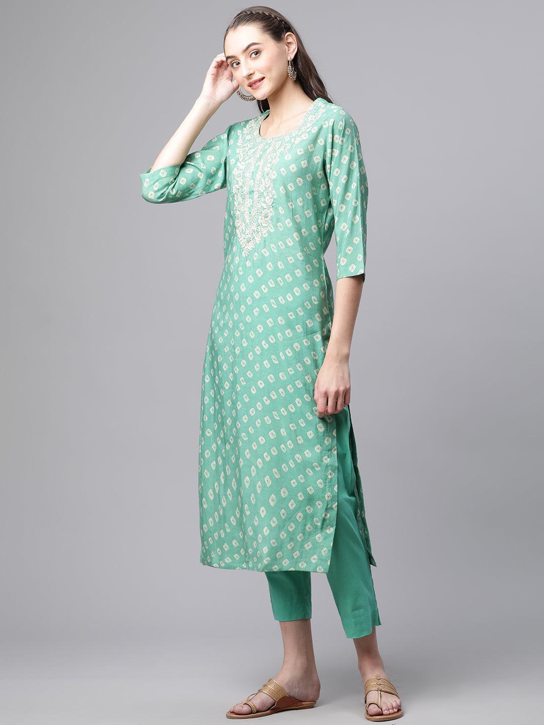  Green Chanderi Kurta Cotton pant set With Chiffon leheriya Dupatta - world.com