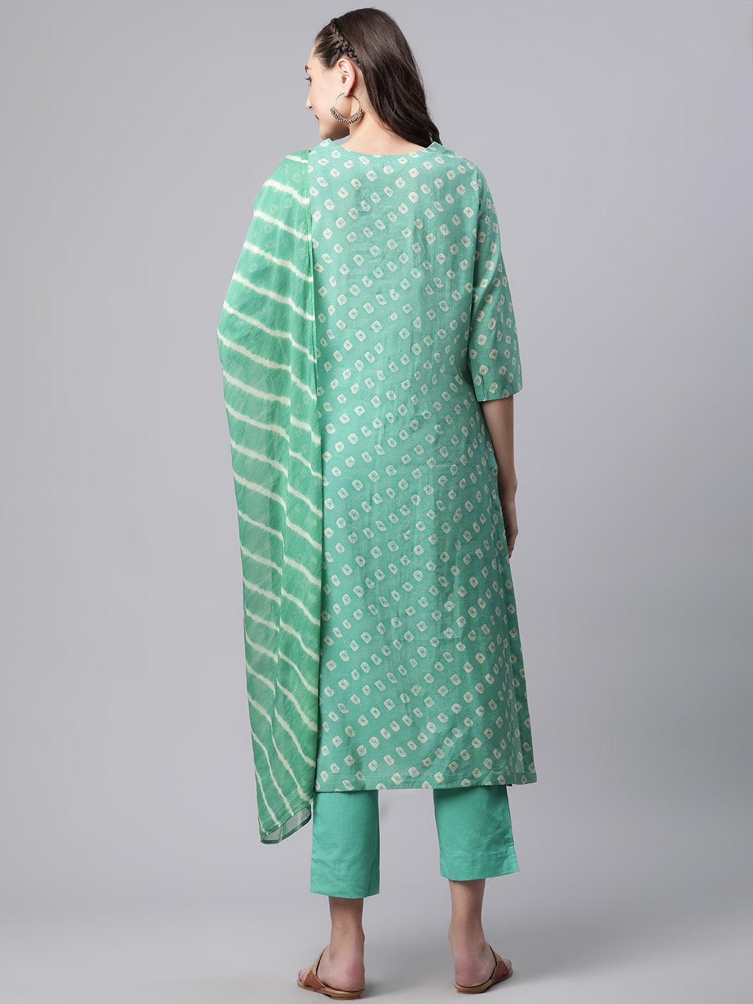  Green Chanderi Kurta Cotton pant set With Chiffon leheriya Dupatta - world.com