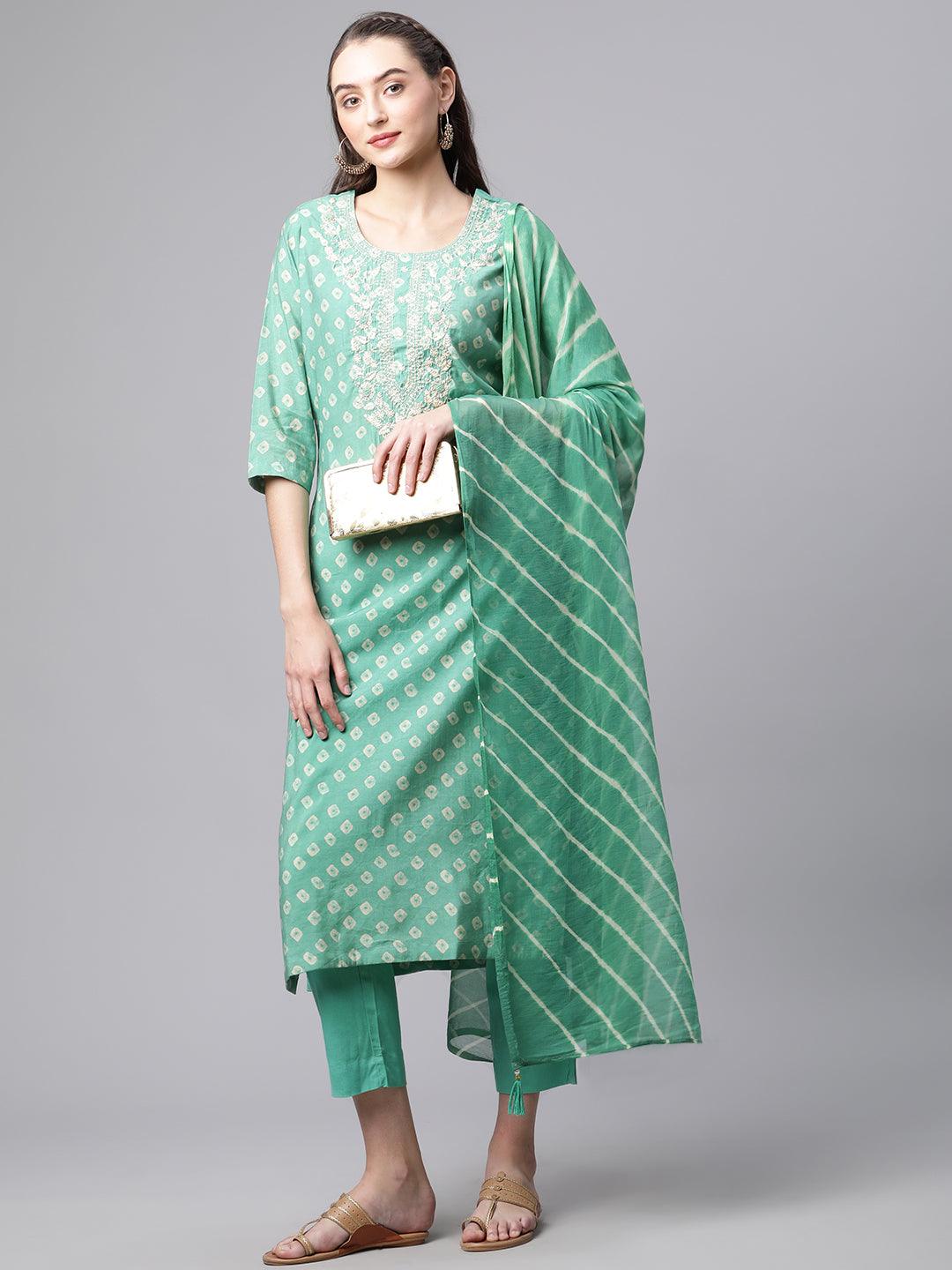  Green Chanderi Kurta Cotton pant set With Chiffon leheriya Dupatta - world.com