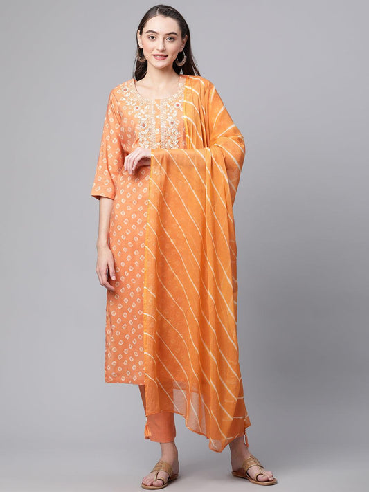  Orange Chanderi Kurta Cotton pant set With Chiffon leheriya Dupatta - world.com