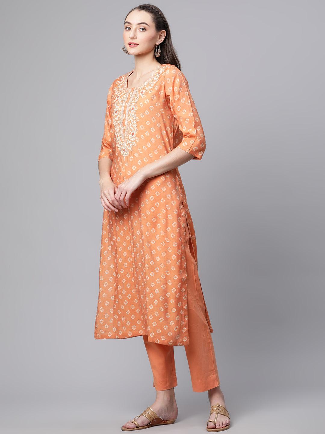  Orange Chanderi Kurta Cotton pant set With Chiffon leheriya Dupatta - world.com