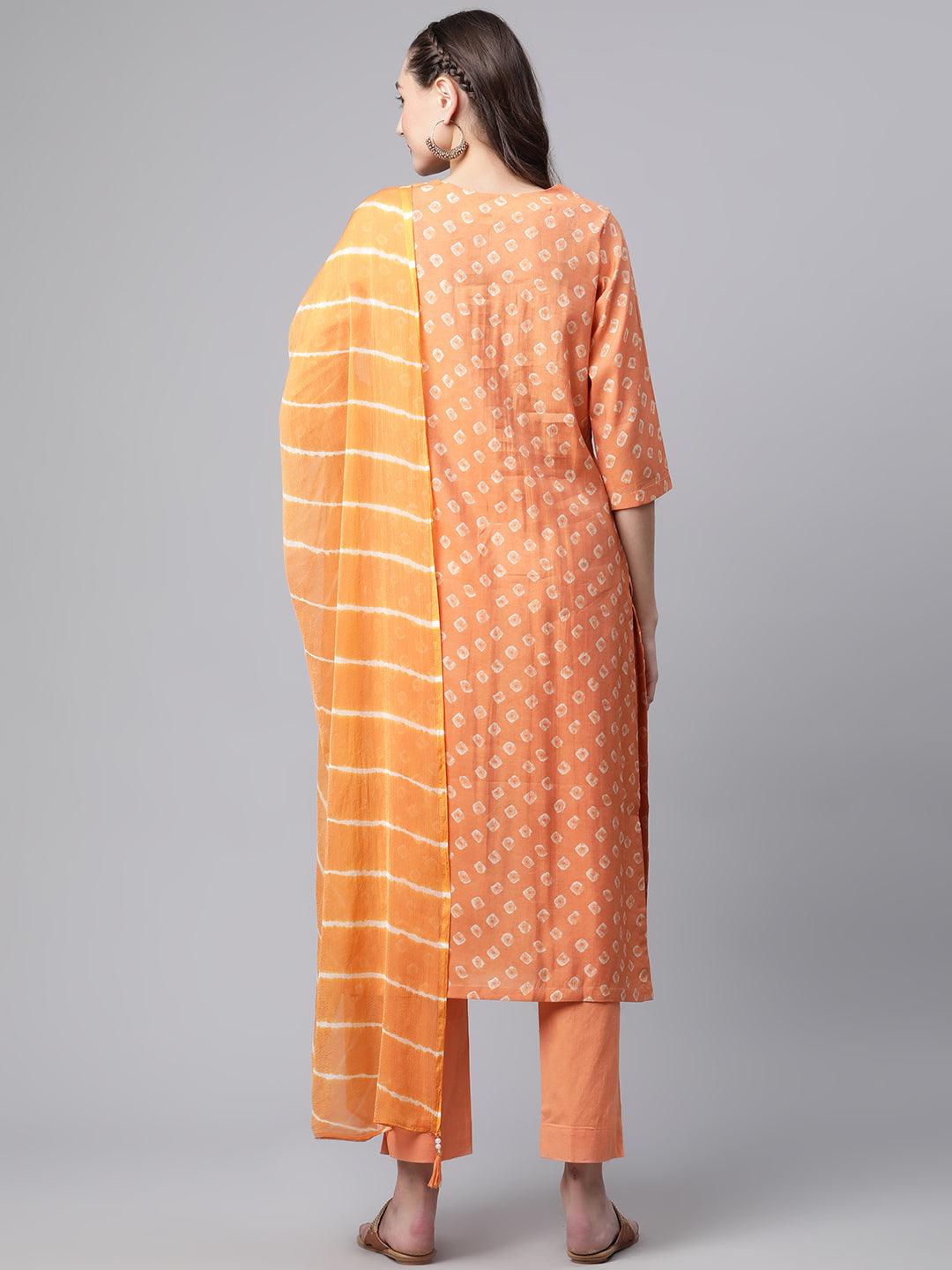  Orange Chanderi Kurta Cotton pant set With Chiffon leheriya Dupatta - world.com
