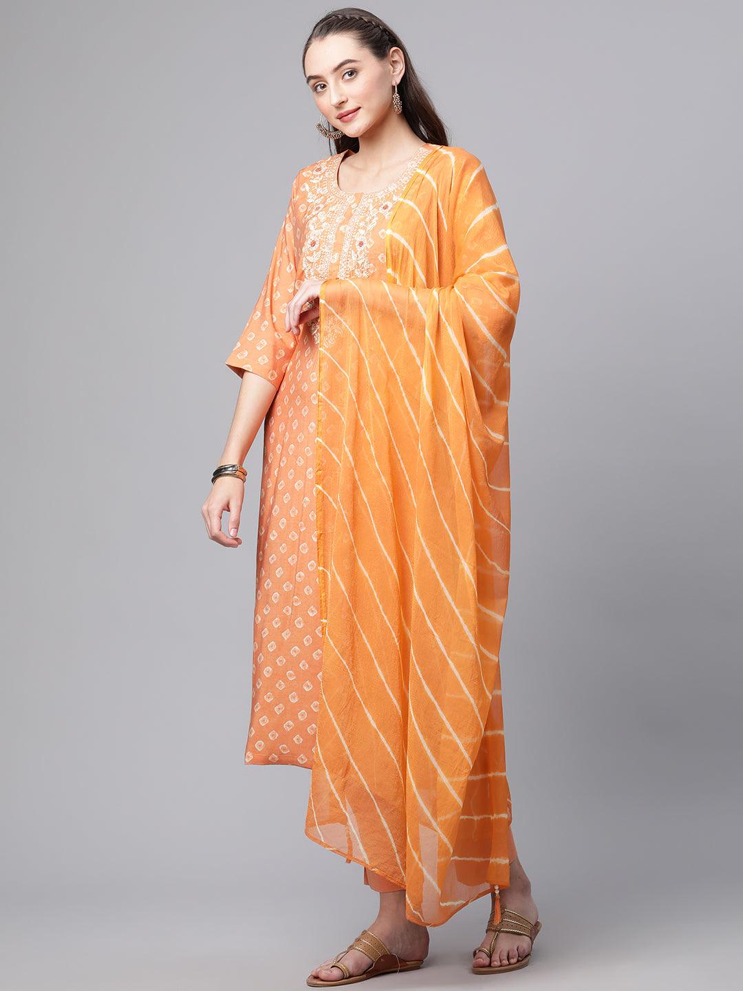  Orange Chanderi Kurta Cotton pant set With Chiffon leheriya Dupatta - world.com