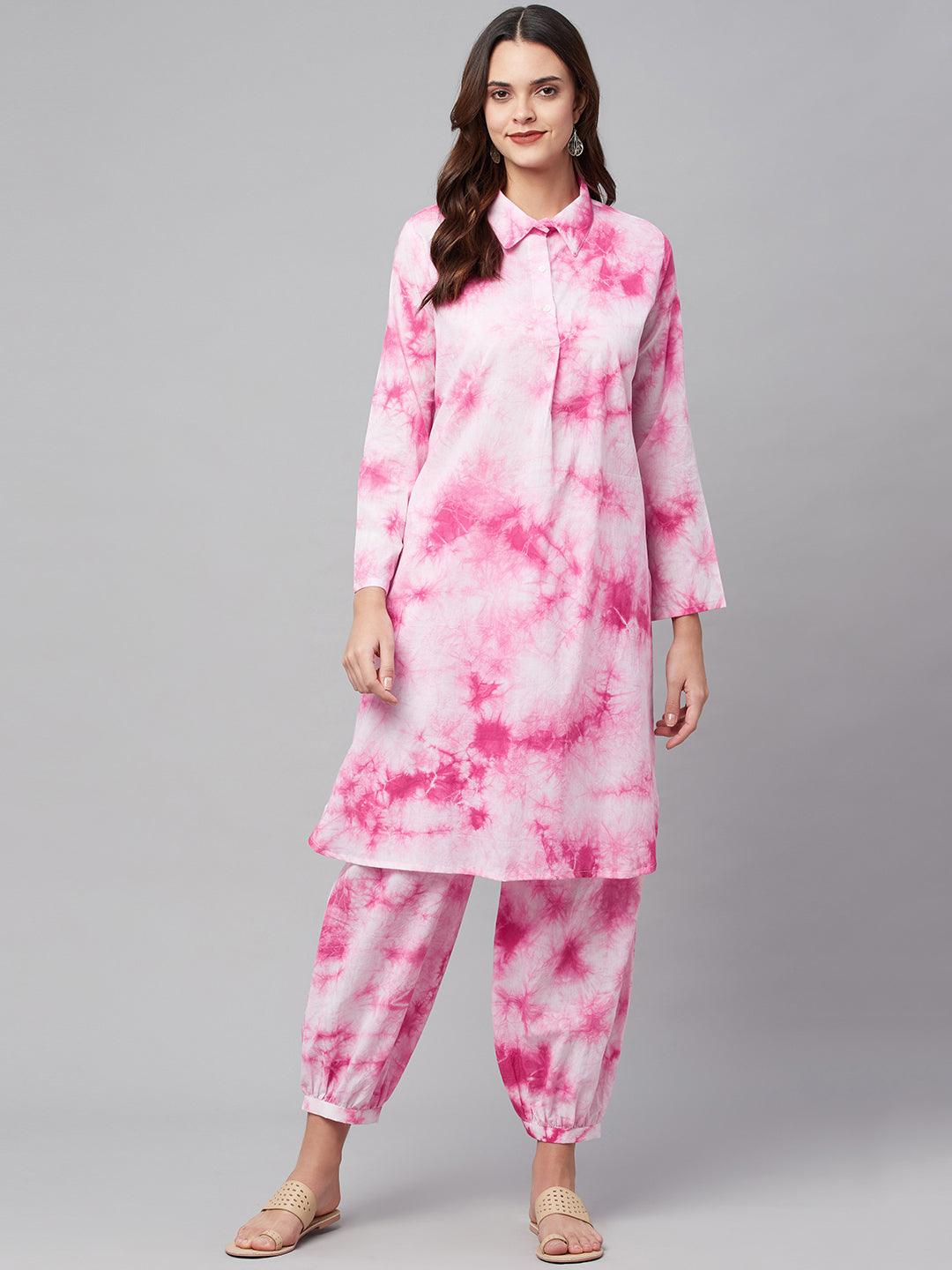  Pink Cotton Shirt Style Kurta Hem Cuffed Pant Set -  world