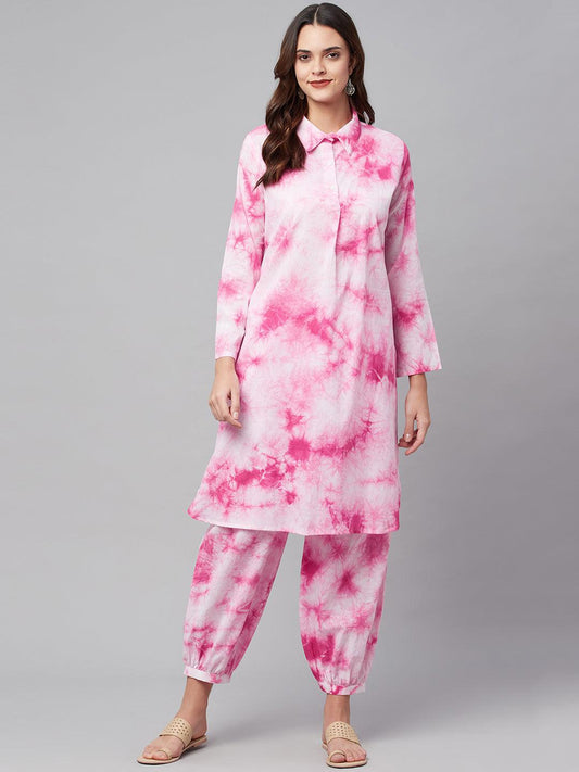  Pink Cotton Shirt Style Kurta Hem Cuffed Pant Set -  world