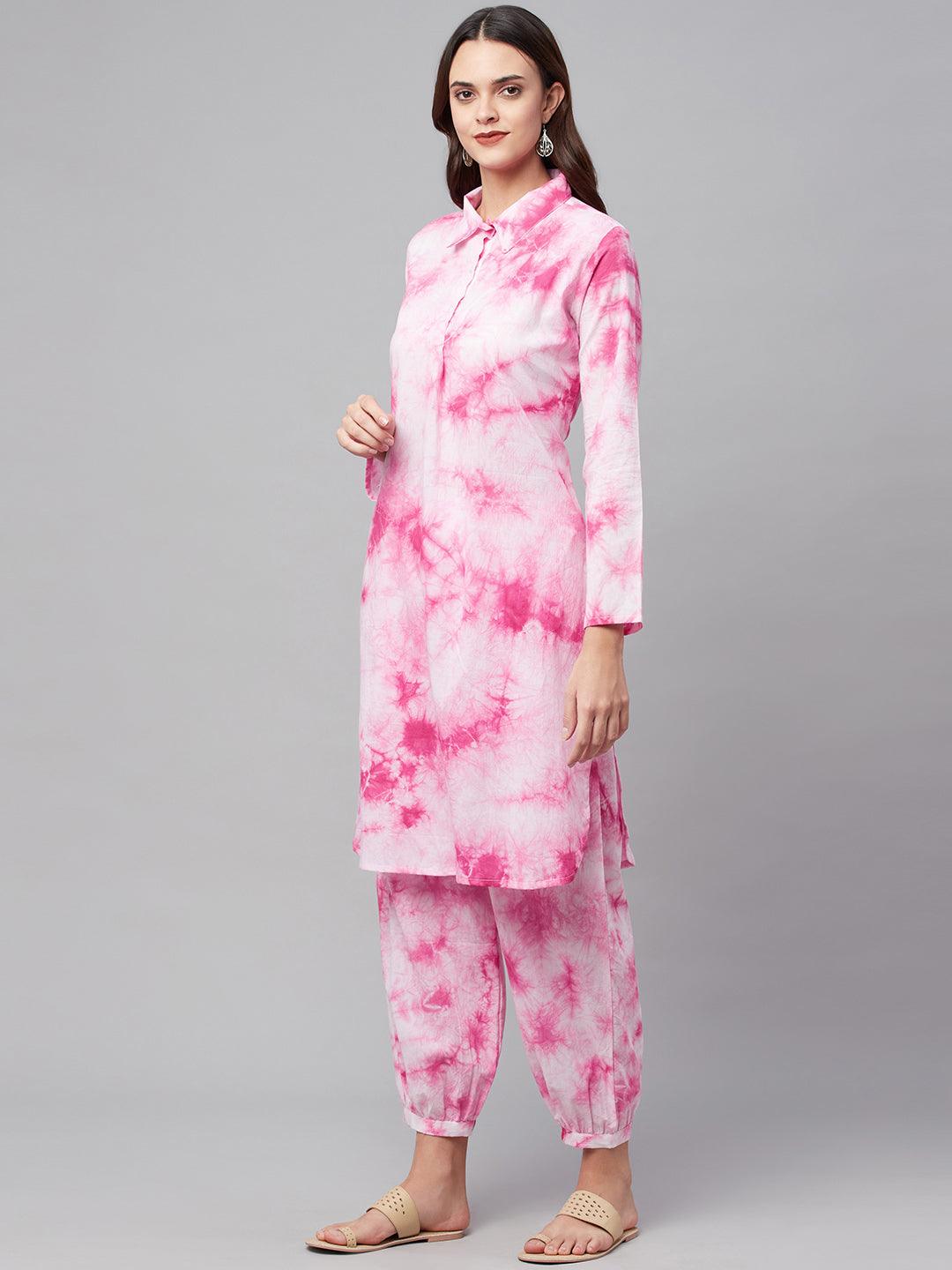  Pink Cotton Shirt Style Kurta Hem Cuffed Pant Set -  world