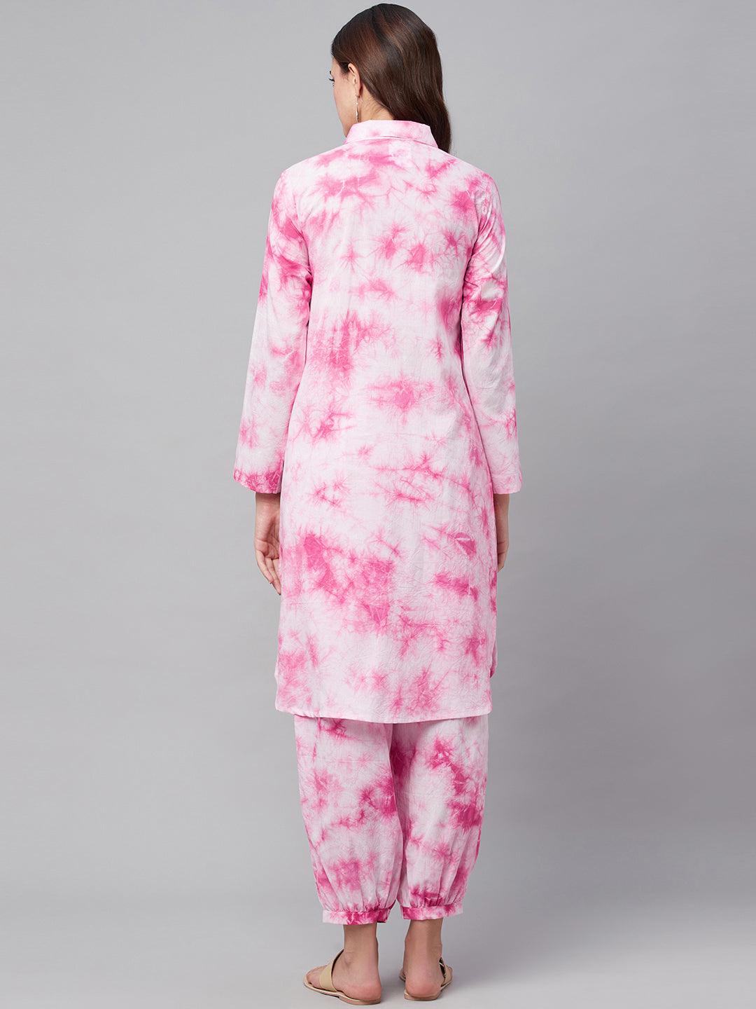  Pink Cotton Shirt Style Kurta Hem Cuffed Pant Set -  world