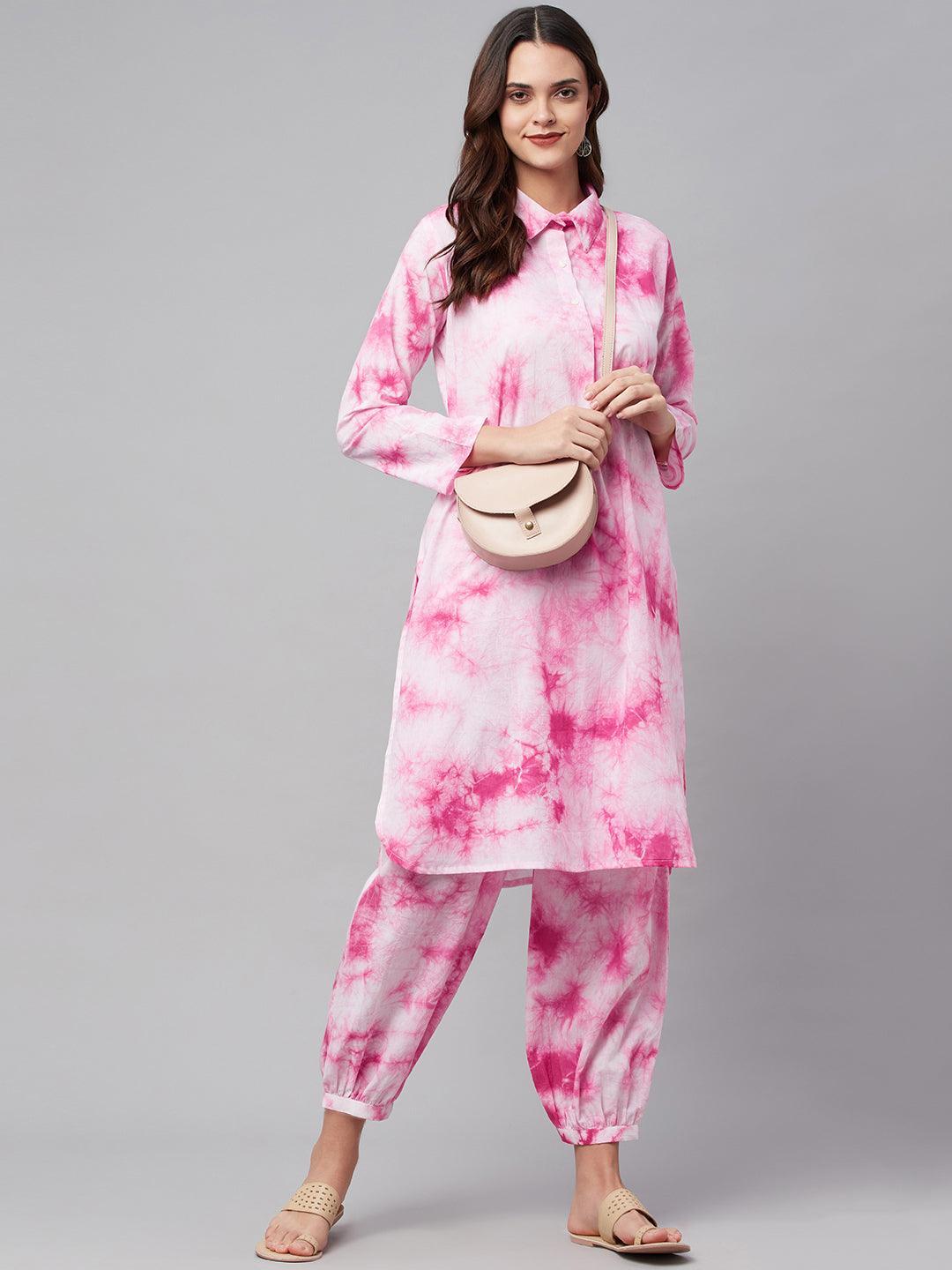  Pink Cotton Shirt Style Kurta Hem Cuffed Pant Set -  world