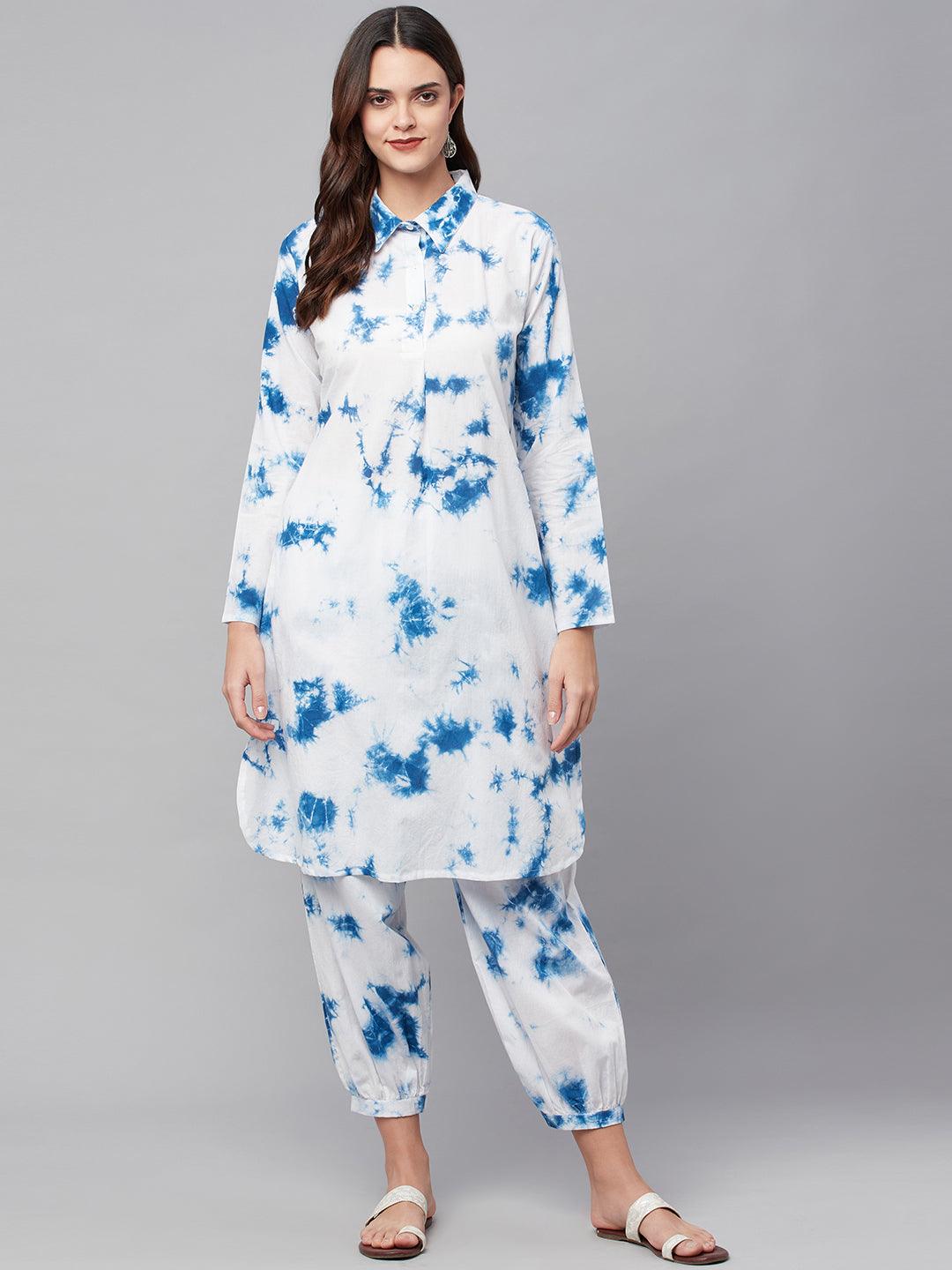  Blue Cotton Shirt Style Kurta Hem Cuffed Pant Set -  world