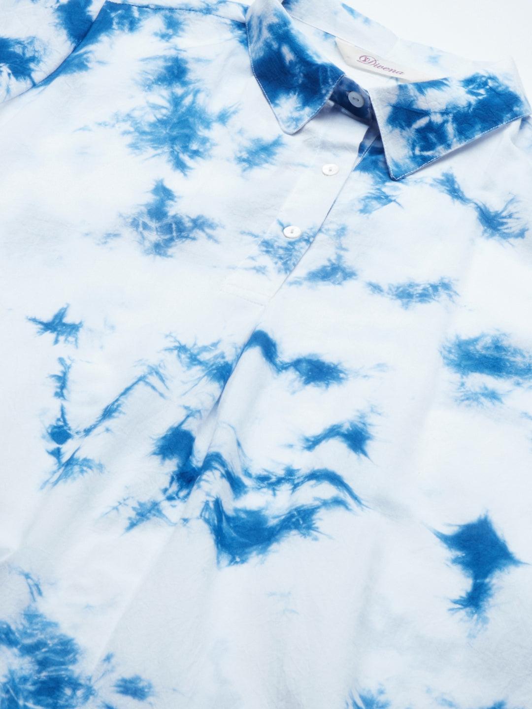  Blue Cotton Shirt Style Kurta Hem Cuffed Pant Set -  world