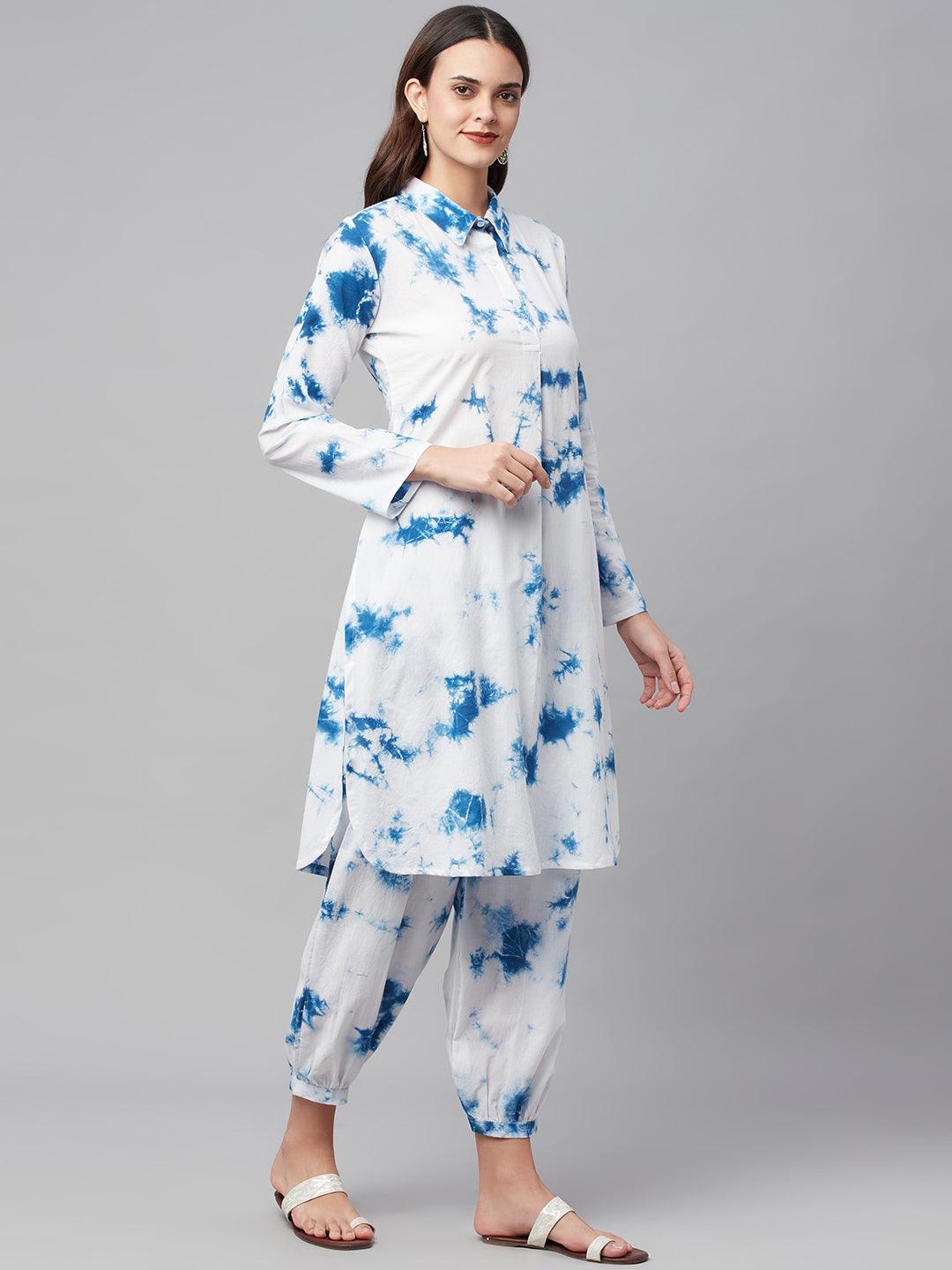  Blue Cotton Shirt Style Kurta Hem Cuffed Pant Set -  world