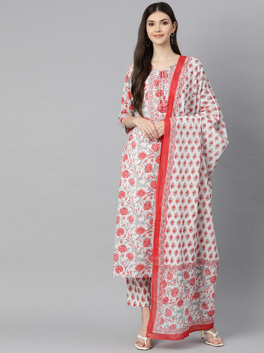  White Floral Printed Kurta Pant Set with Dupatta -  world