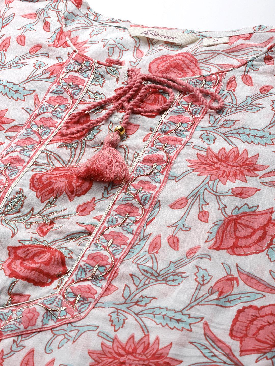  White Floral Printed Kurta Pant Set with Dupatta -  world