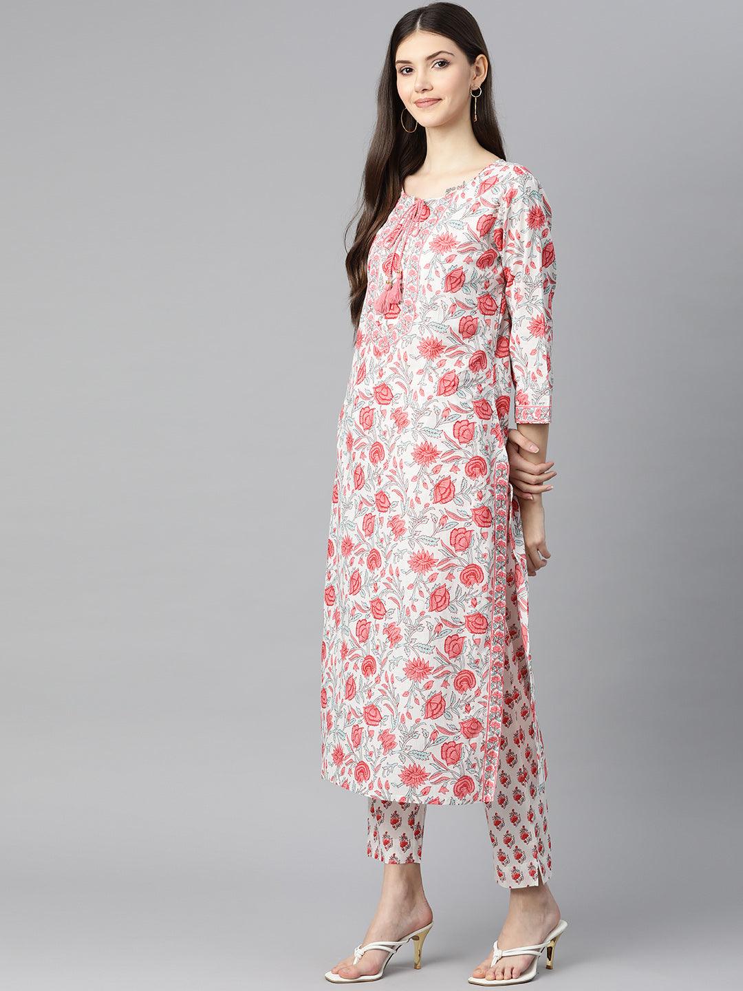  White Floral Printed Kurta Pant Set with Dupatta -  world