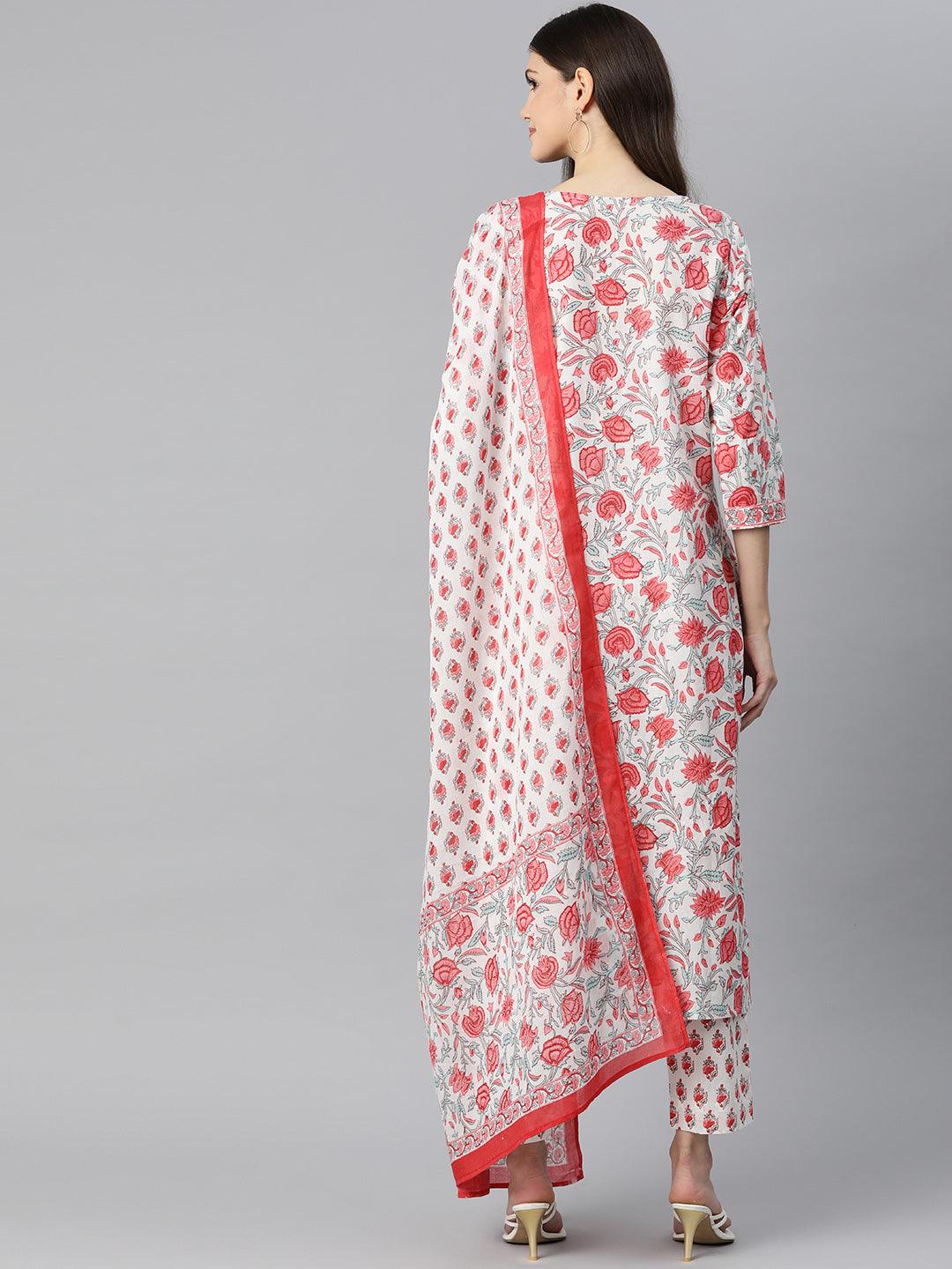  White Floral Printed Kurta Pant Set with Dupatta -  world