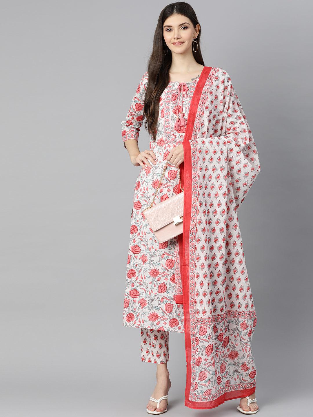  White Floral Printed Kurta Pant Set with Dupatta -  world