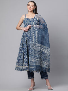 Indigo Hand Block Printed Anarkali Kurta Pant Set with Dupatta