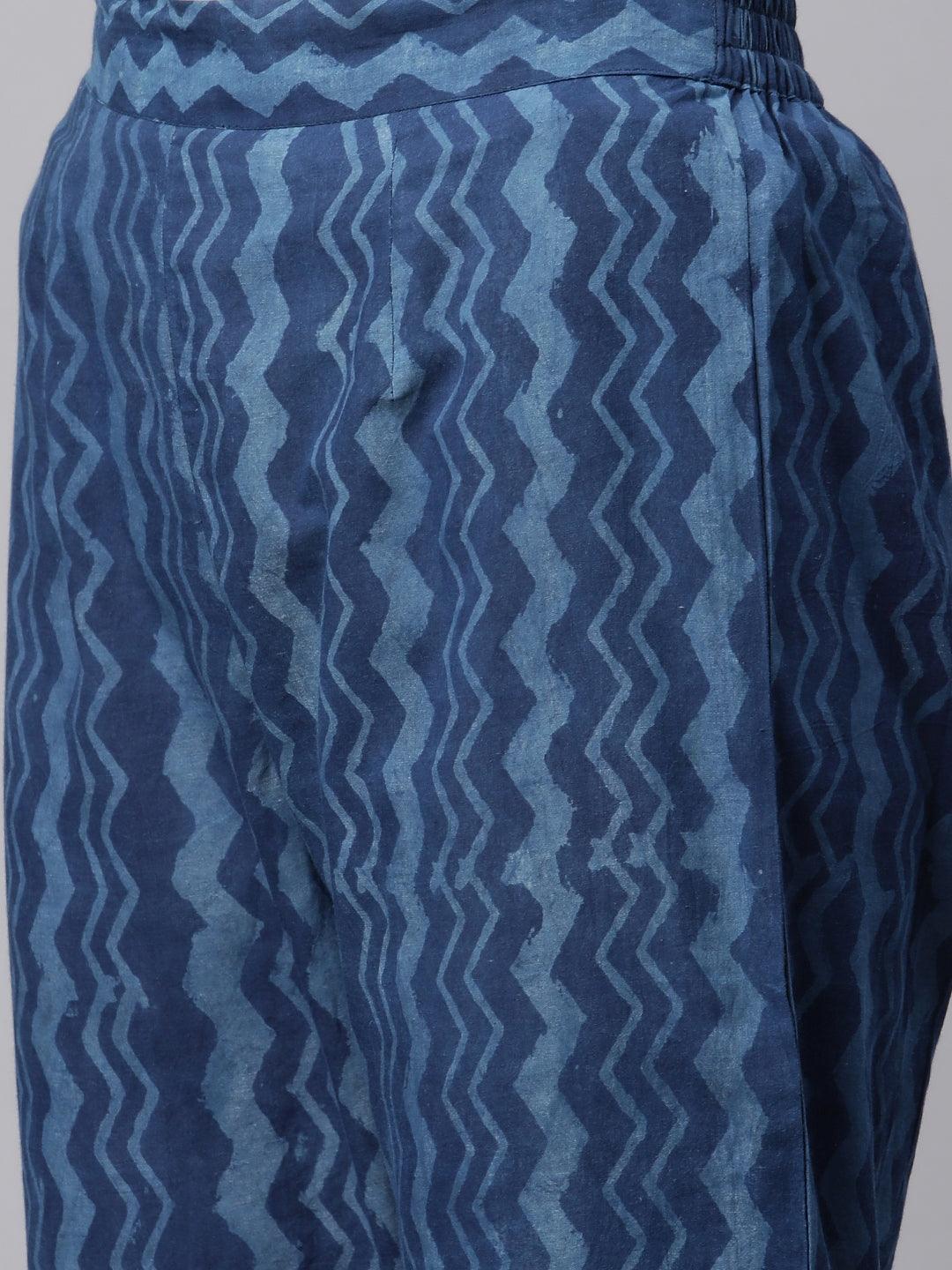  Indigo Hand Block Printed Anarkali Kurta Pant Set with Dupatta - world.com