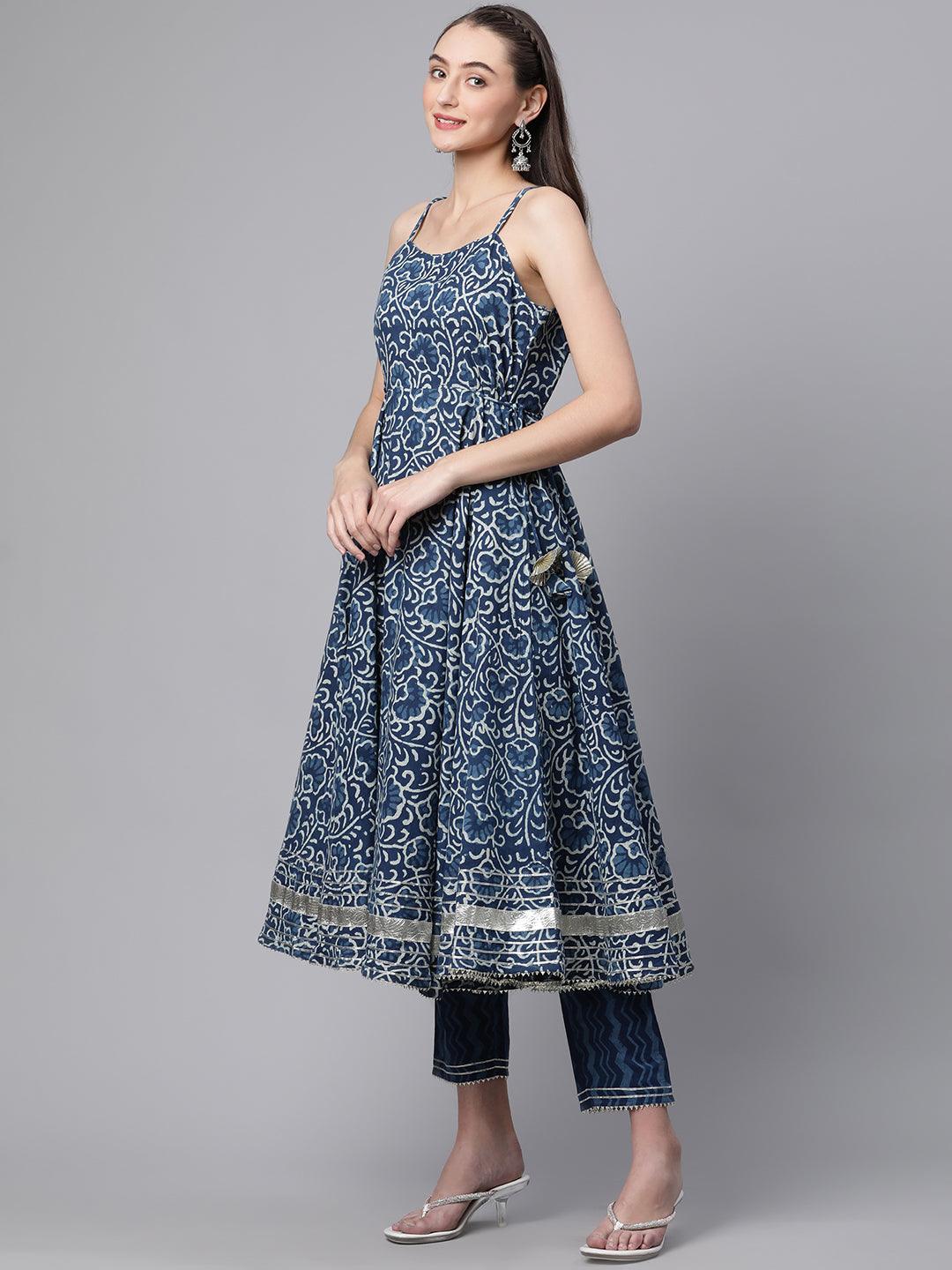  Indigo Hand Block Printed Anarkali Kurta Pant Set with Dupatta - world.com