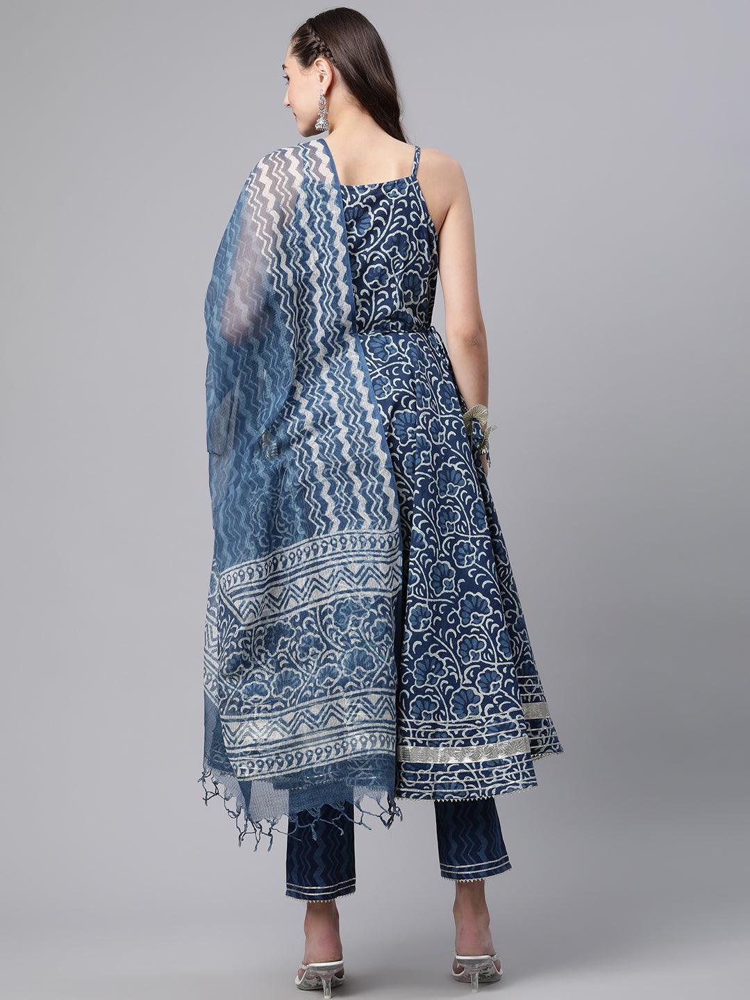  Indigo Hand Block Printed Anarkali Kurta Pant Set with Dupatta - world.com