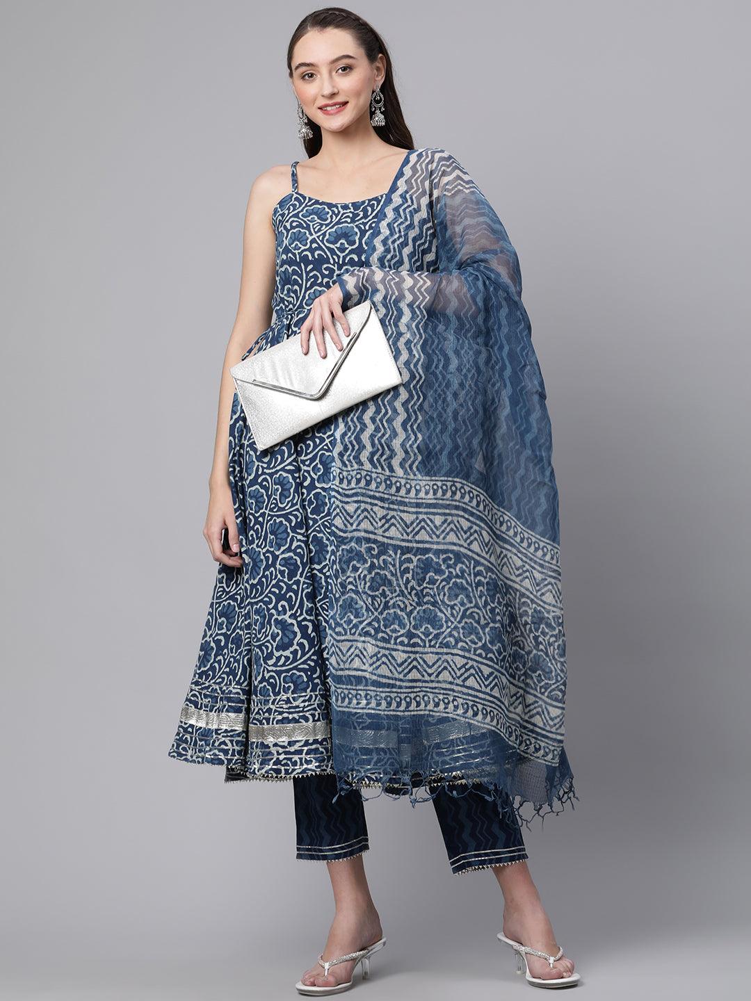  Indigo Hand Block Printed Anarkali Kurta Pant Set with Dupatta - world.com