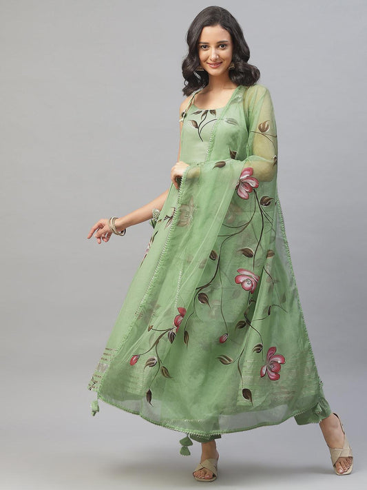  Light Green Hand Painted Floral Anarkali Kurta Pant Set with Dupatta -  world