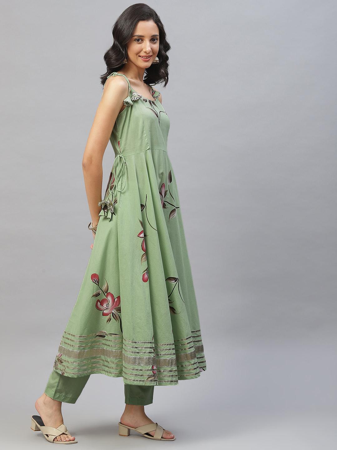  Light Green Hand Painted Floral Anarkali Kurta Pant Set with Dupatta -  world