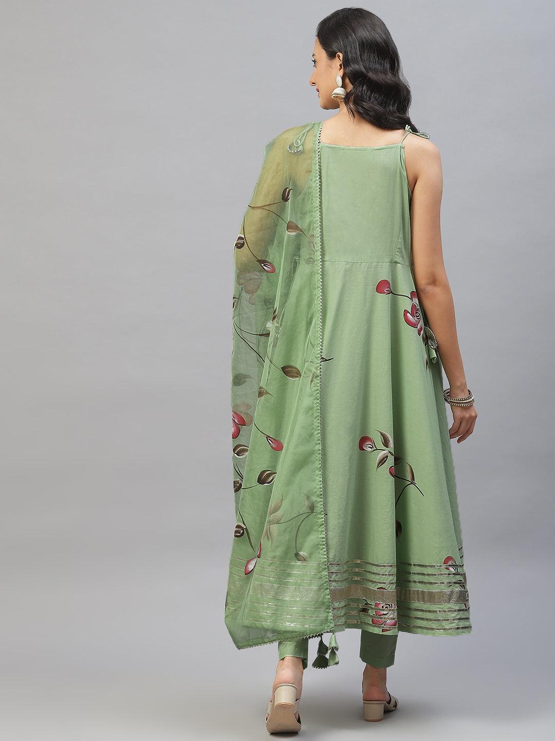  Light Green Hand Painted Floral Anarkali Kurta Pant Set with Dupatta -  world