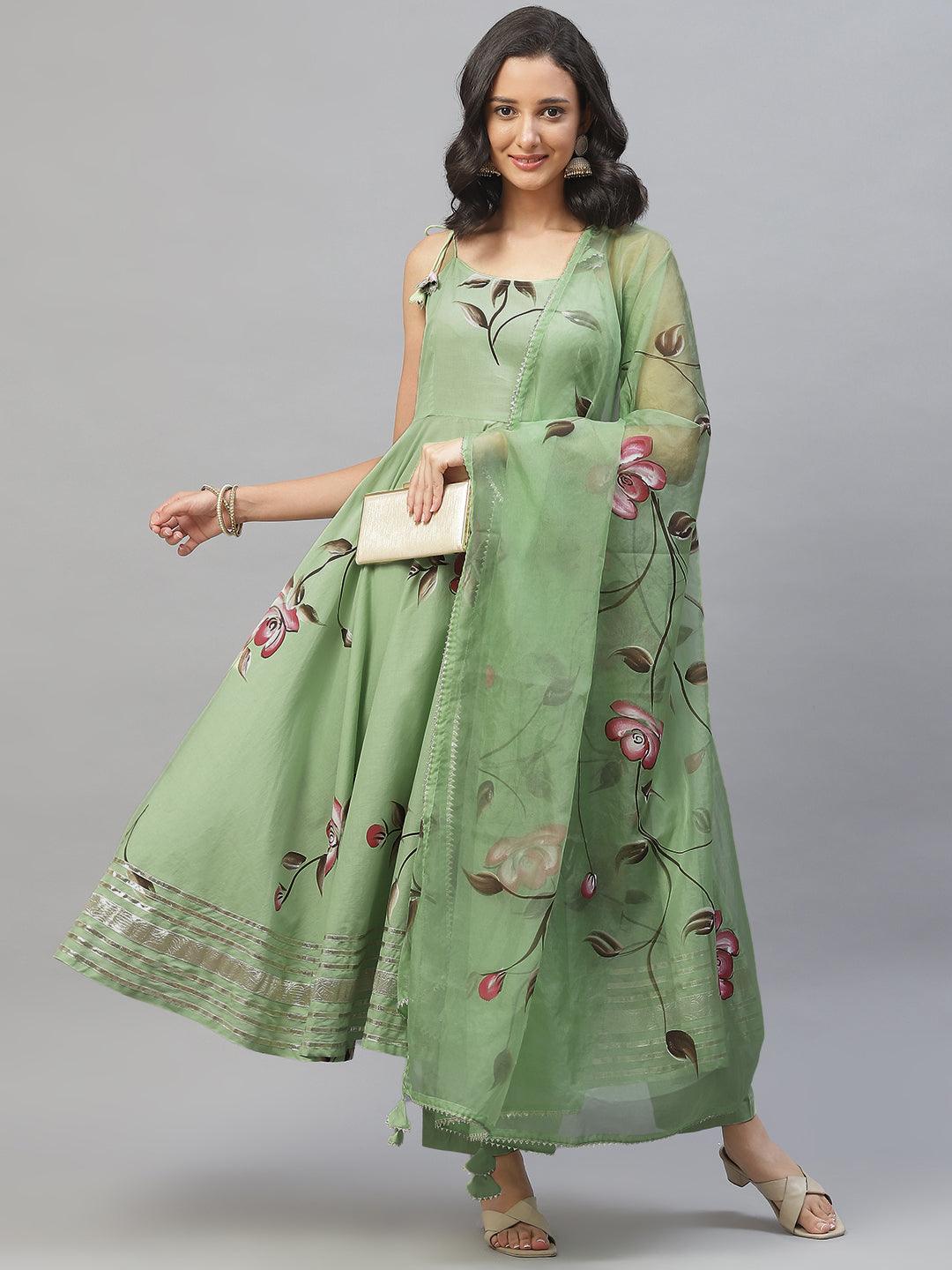  Light Green Hand Painted Floral Anarkali Kurta Pant Set with Dupatta -  world